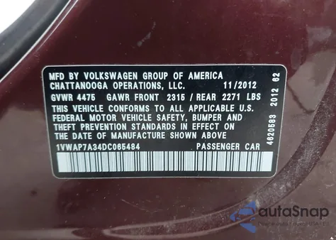2013 Volkswagen Passat 2.5L S z USA, uszkodzony, nr VIN 1VWAP7A34DC065484